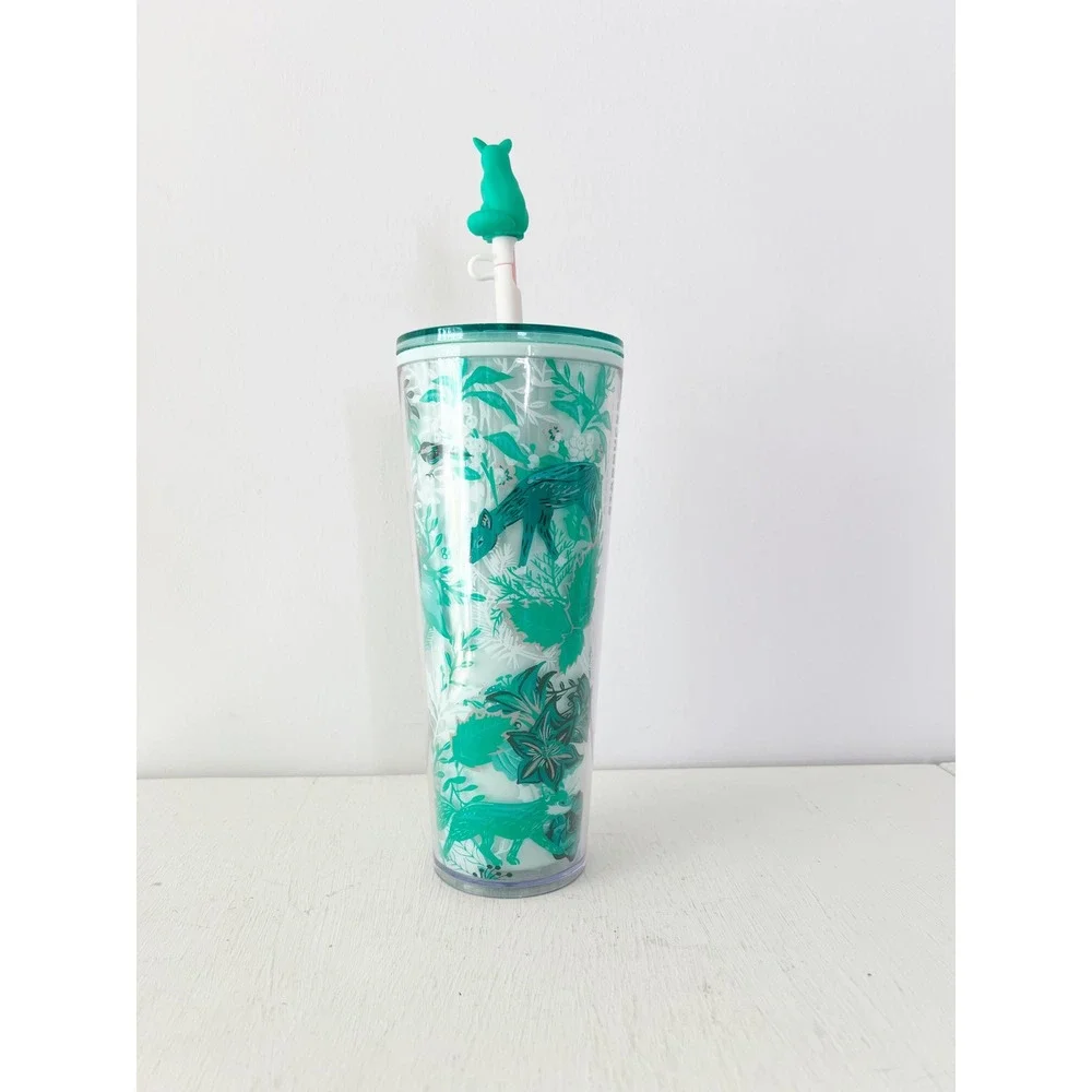 Starbucks Cold Cup Teal Woodland‎ Fox Floral Tumbler 24oz with Fox Topper NEW